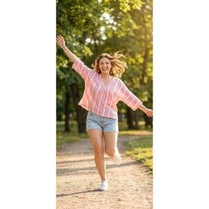 GAP Women’s M Coral White Striped Cotton V-Neck Kimono Sleeve Relaxed Top